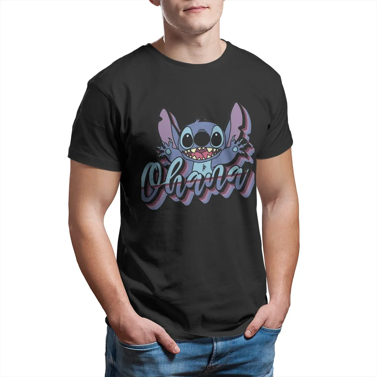 Novelty Ohana Vibes Stitch T-Shirts Men Round Neck Cotton T Shirt Versatile Short Sleeve Vintage Tee Shirt Cool Summer Clothing