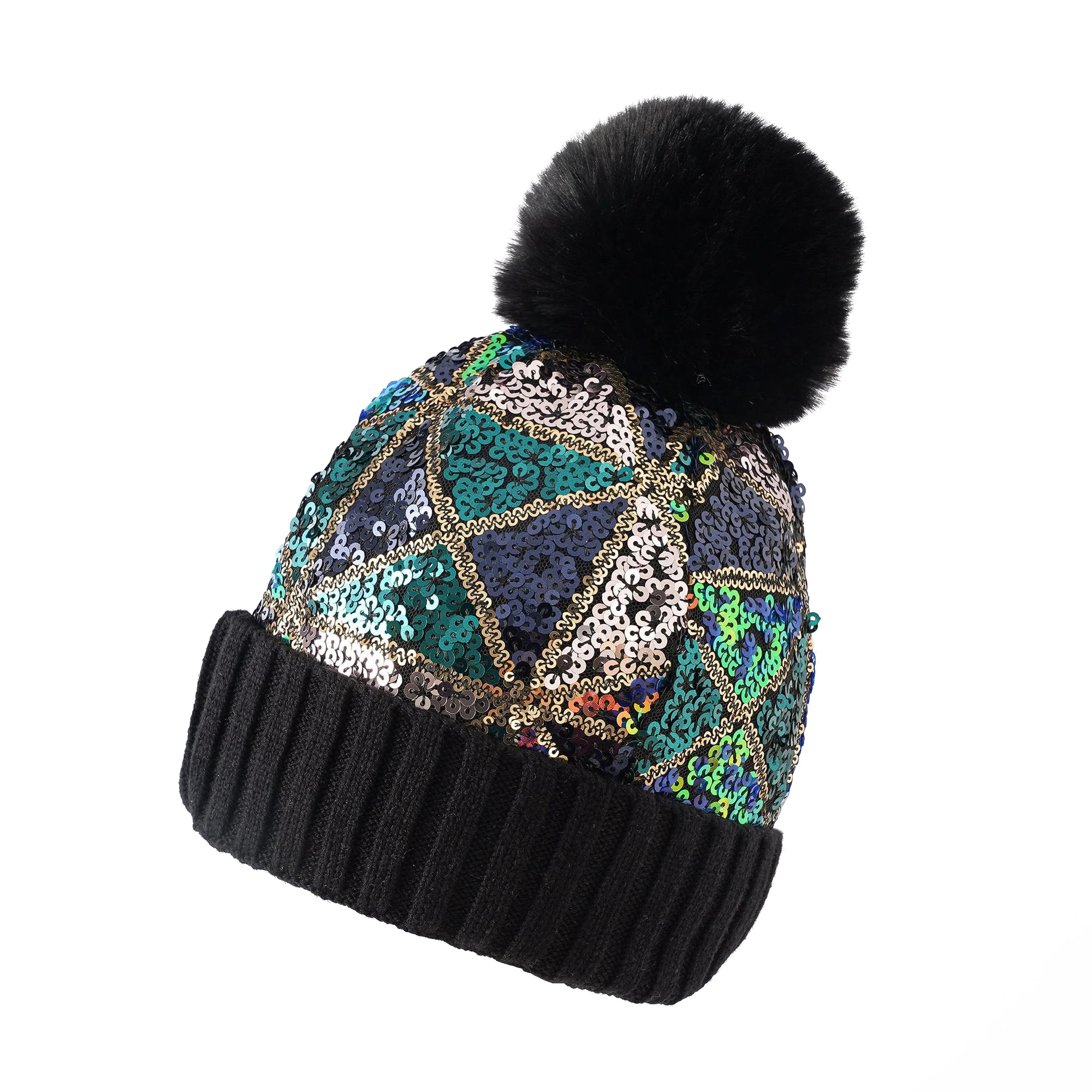 Women Autumn Winter Beanie for Party Lady Bling Versatile Fur Ball Hat Outdoor Skullcap Girls Keep Warm Woolen Yarn Knitted Cap