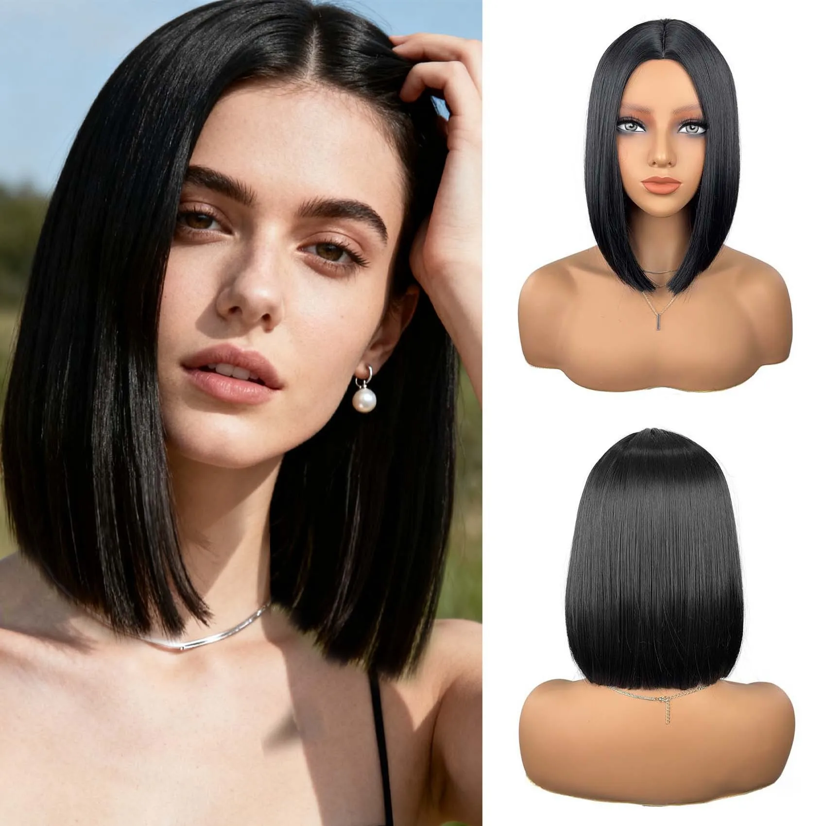 女性用ボボヘッドウィッグ-女性用フルヘッドギア-ストレートヘア-高温シルク