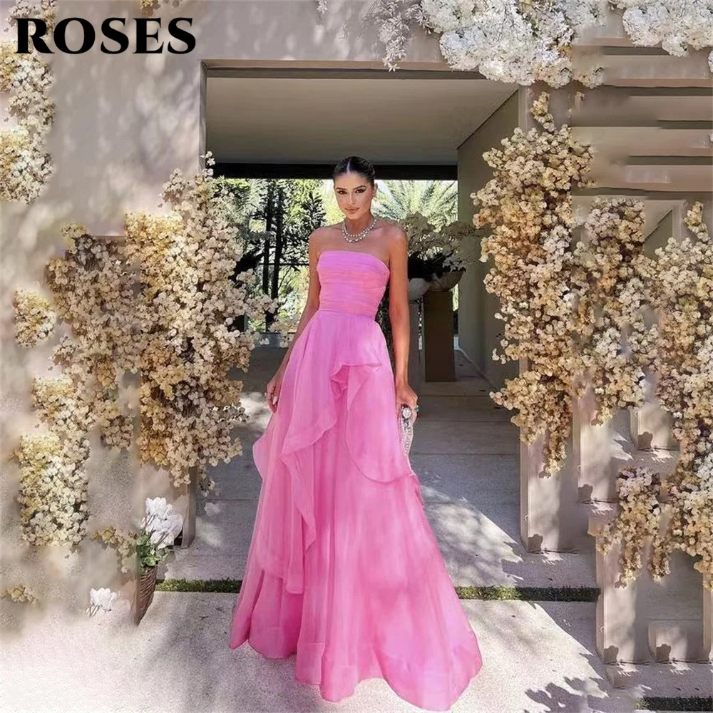 

ROSES Pink Long Party Dresses Vintage Newest Strapless Night Dress Beach Pleat Layer Tulle Celebrity Dresses vestidos de fiesta