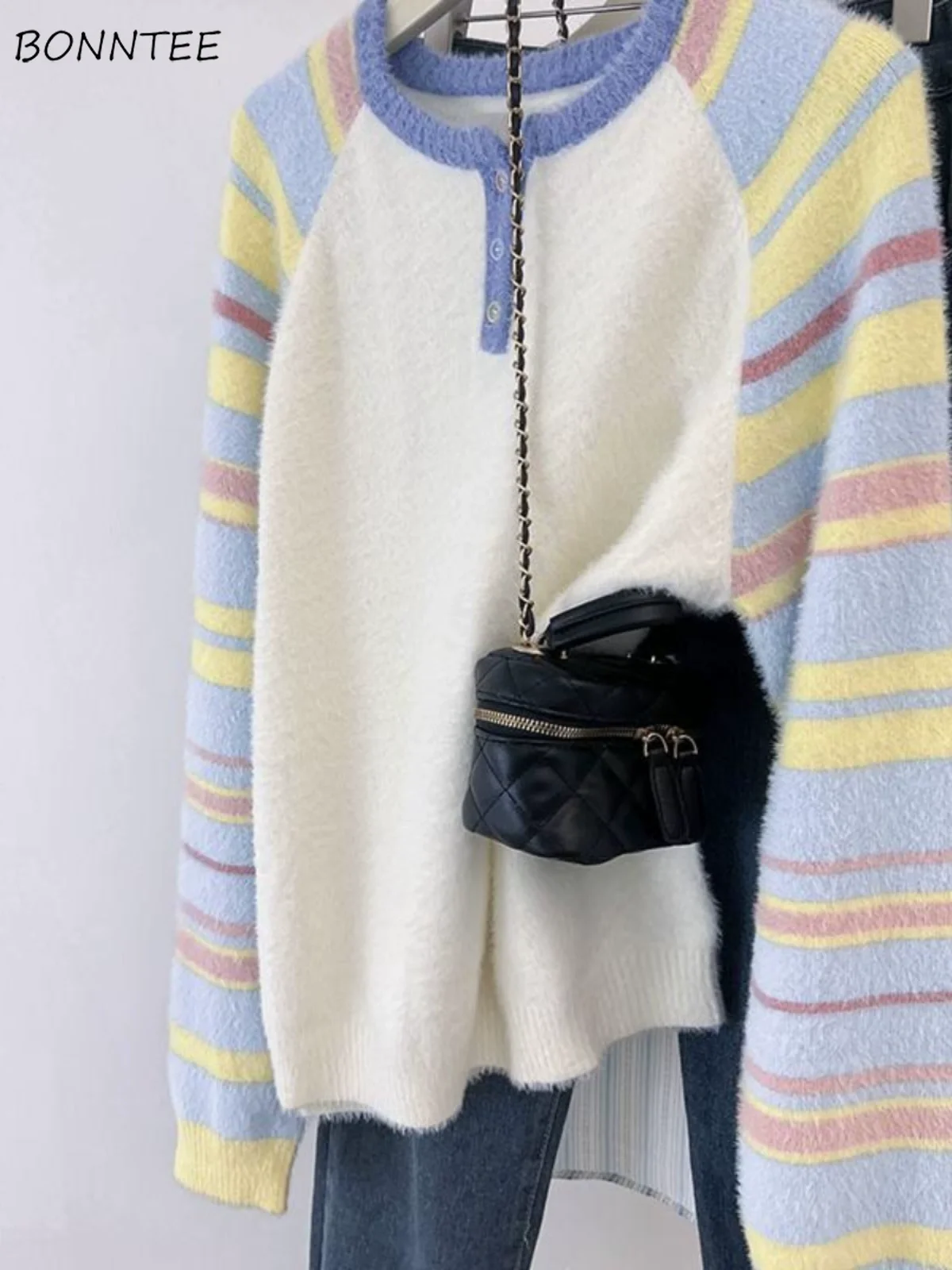 Rainbow Striped Sweaters Women Sweet Baggy All-match Youthful Temper Korean Style Girlish Classic Soft Buttons Pullovers 2024