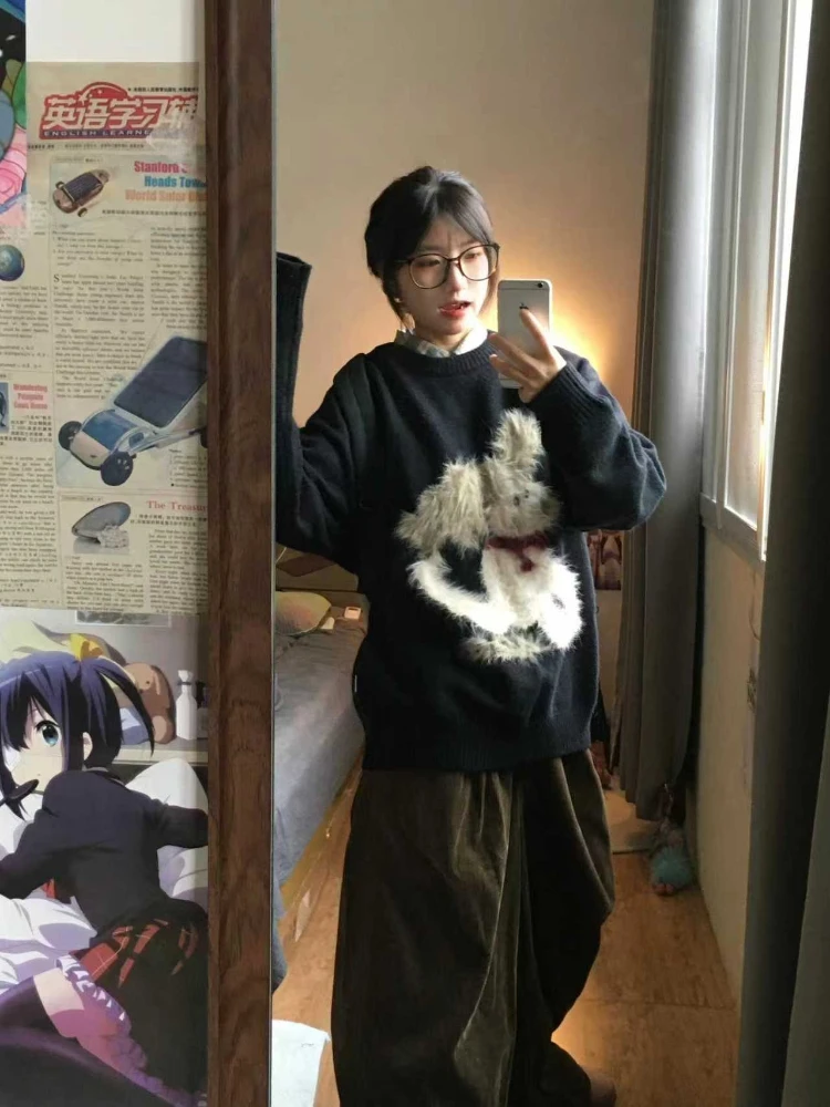 2025 nueva moda coreana, suéteres de Jacquard con dibujos de perros, Jersey holgado informal de otoño e invierno para mujer, suéter de punto, Tops de gran tamaño