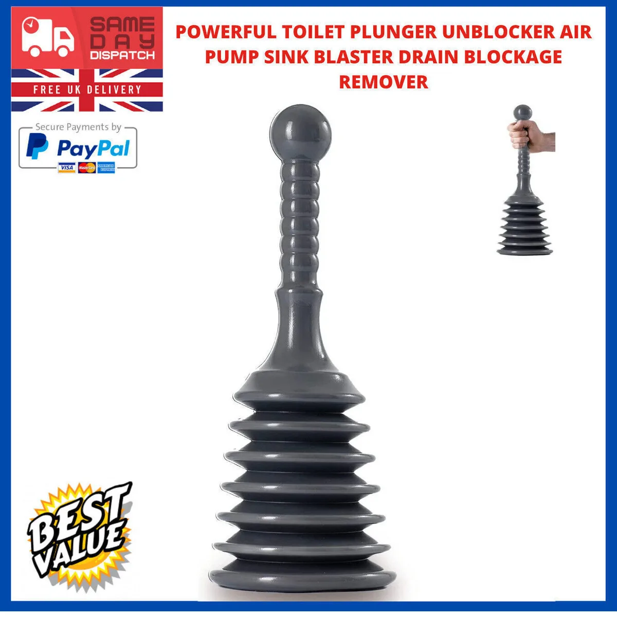 Heavy Duty Rubber Sink Toilet Drain Bath Plunger Unblocker Bathroom Kitchen UK-