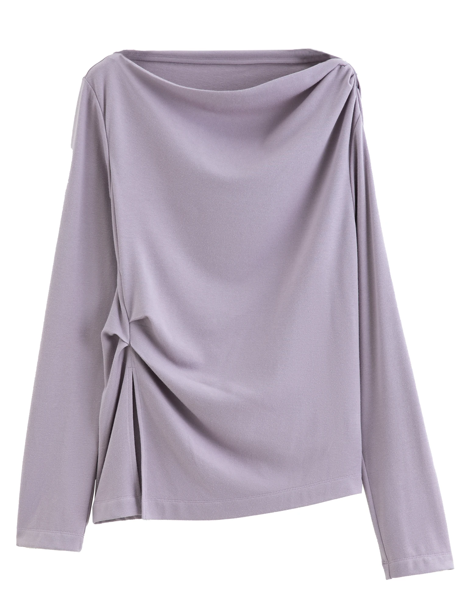 DUSHU Damen Off-Shoulder Drapierter Wasserfallausschnitt Langarm T-Shirt, Minimalistisches, Gerafftes, Schlankes, Elegantes Casual-Mode-Oberteil – Detail 35