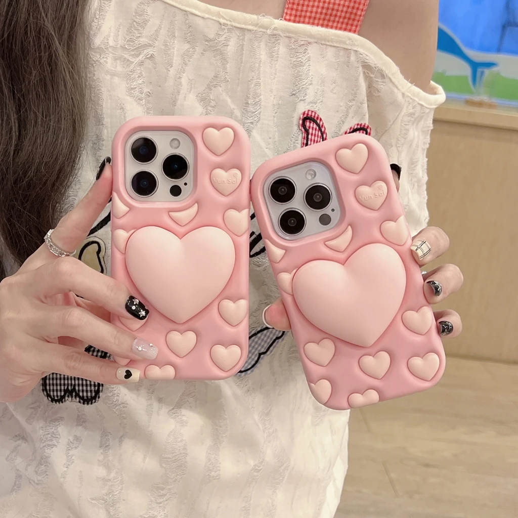 

Fun Stereoscopic Pink Big Love Heart Soft Silicone Shockproof Protective Phone Cover Case for iPhone 16 15 14 13 12 Pro Max Plus