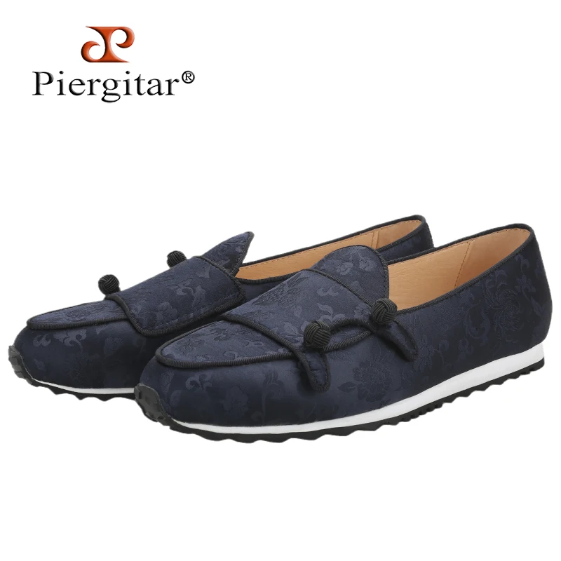 Piergitar New Chinese Style Black Printed Silk Active Sneakers Handcrafted Double-Monk Men Slip-On Shoes Mixed Colors Outsole