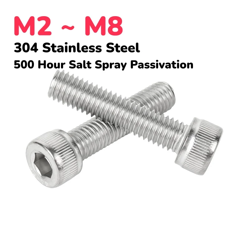 M2 ~ M8 304 Stainless Steel 500 Hour Salt Spray Passivation Hexagon Hex Socket Cap Allen Head Bolt Screw