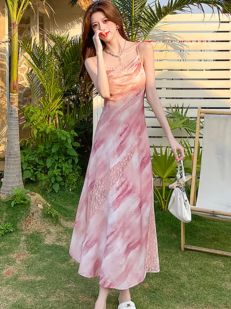 ฤดูร้อนสีชมพูPatchworkลูกไม้Hollow Outชุดลําลองยาวผู้หญิงสลิงเซ็กซี่ชุดชายหาด 2025 เกาหลีBodycon Holiday Dresses