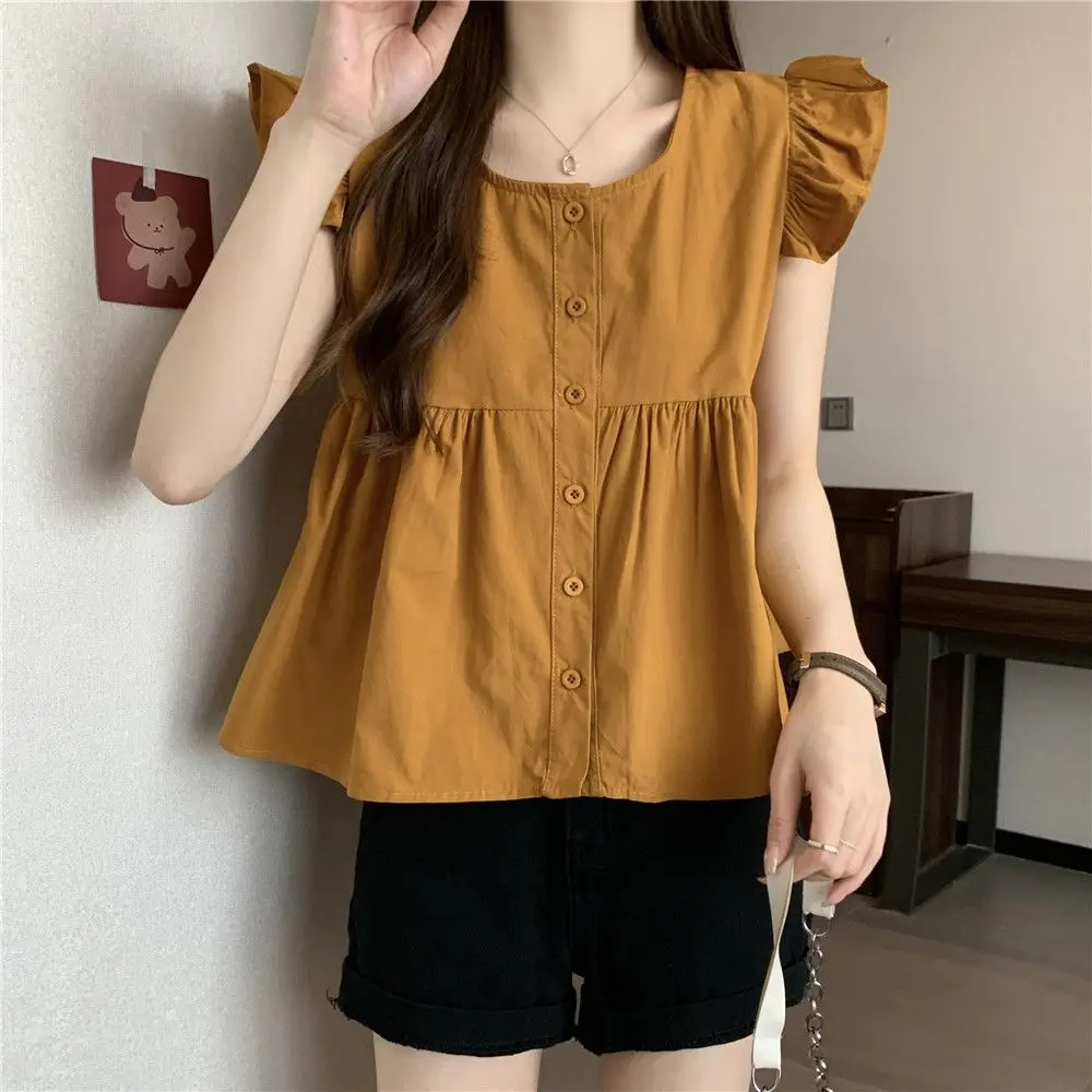 Solid Color Women\'s Summer Square Neck Buckle Sweet Ruffle Edge Loose Age Reducing Doll Shirt Flying Sleeves Fashionable Shirt