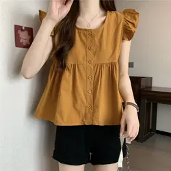 Solid Color Women's Summer Square Neck Buckle Sweet Ruffle Edge Loose Age Reducing Doll Shirt Flying Sleeves Fashionable Shirt