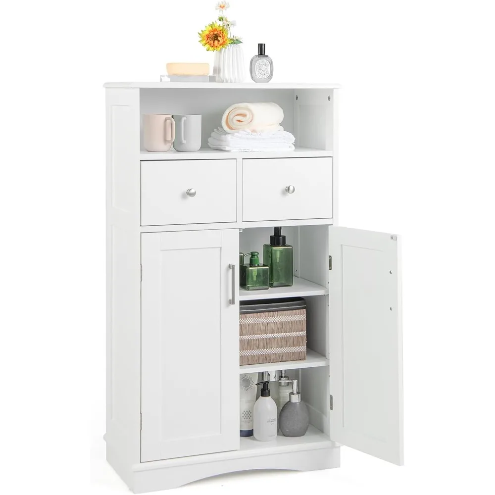 

Bathroom Cabinet, Freestanding Storage Organizer w/2 Drawers & 2 Doors, 3-Position Adjustable Shelves, Anti-Toppling