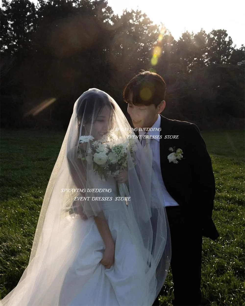 رش فستان زفاف بسيط من قماش التفتا كوريا صورة تبادل لاطلاق النار بدون حمالات مع شال زي العرائس مشد طويل واستدريس 2025 مخصص