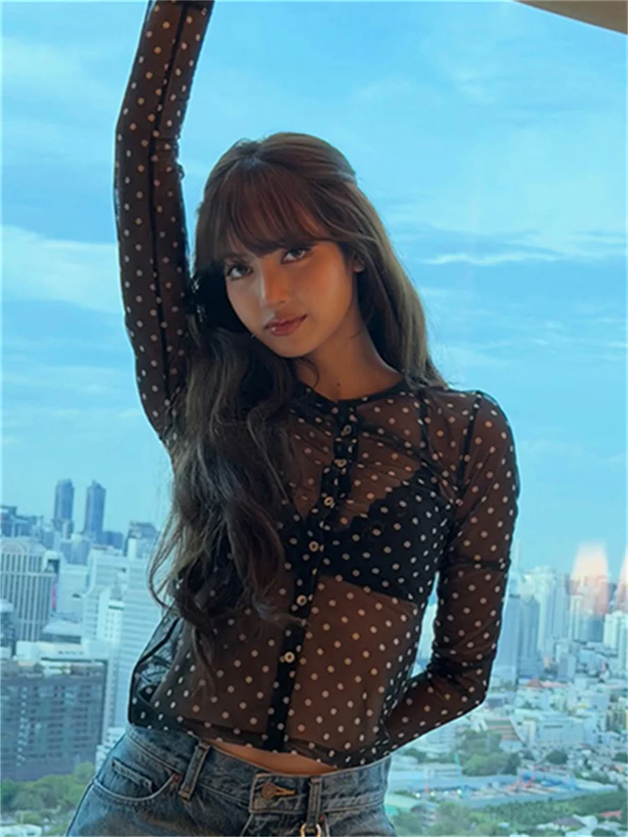 Weird Puss See Through T-Shirt Women Polka Dot Print Single-Breasted Full Sleeve O-Neck Music Festival Fashion Hottie Streetwear
