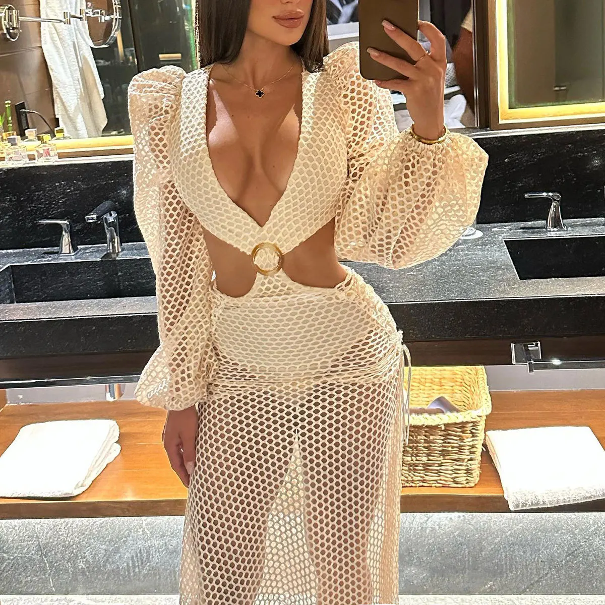 Sexy Swimwear Women 2024 Hollowen One Piece Swimsuit With Cover Up Long Sleeve Swim Suits Female Sliming Bodysuit Beachwear