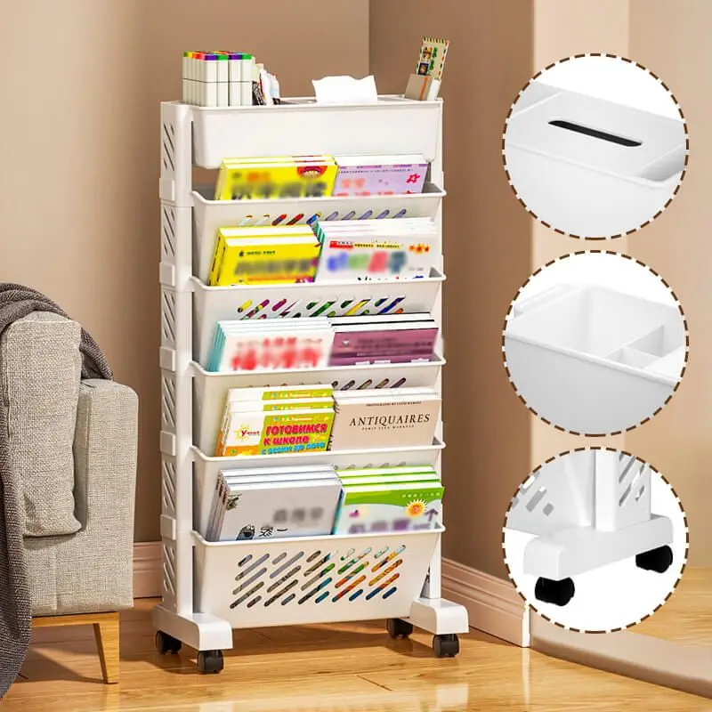 Simple Movable Book Shelf on Wheels 5/6 Layers Bookshelf Movable Floor Small Cart Book Storage Shelf Pen Holder Office Supplies image 3
