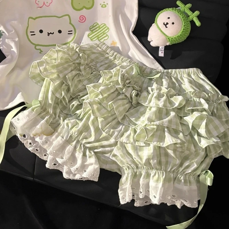 Japanese Kawaii Off Shoulder Tops+Plaid Skirt Set Women Cute Clover Print Tee and Lace Trim Mini Skirt Soft Girl Summer Outfit image 6