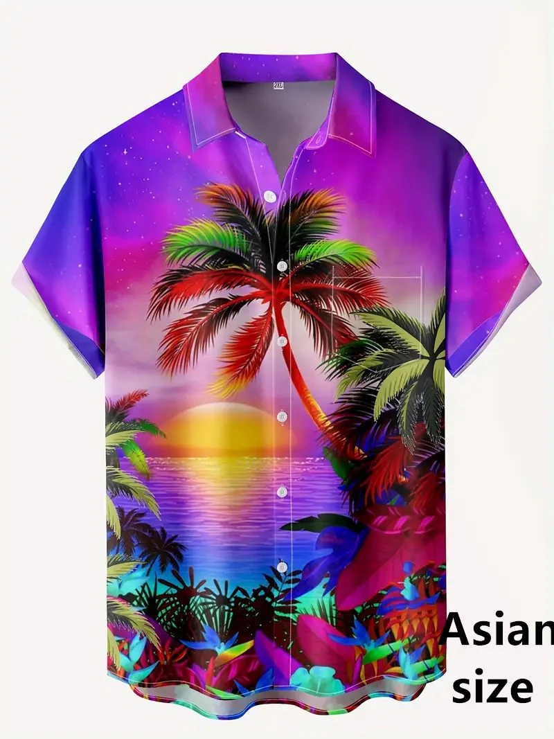 Chemise hawaïenne imprimée cocotier psychédélique néon pour hommes et femmes, chemises à boutons à manches courtes, pour la marche de rue, la plage touristique, été