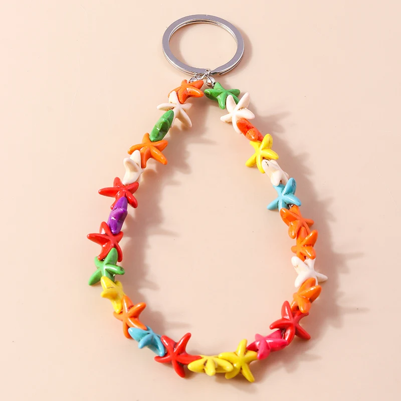 

Fashion Handmade Starfish Beads Bracelet Keychain for Car Key Holder Women Men Handbag Pendant Keyring DIY Accessories Gifts