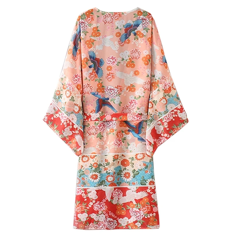 Floral Print Women\'s Bathrobe Summer Thin Chiffon Ladies Dressing Gown Loose Beach Wear Kimono With Sashes For Female 2024