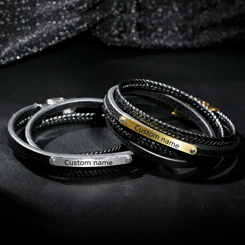 Bracelet en cuir personnalisé avec nom gravé pour homme, acier inoxydable, bracelet personnalisé, bracelet à fermoir de sécurité, cadeau d'anniversaire, bijoux