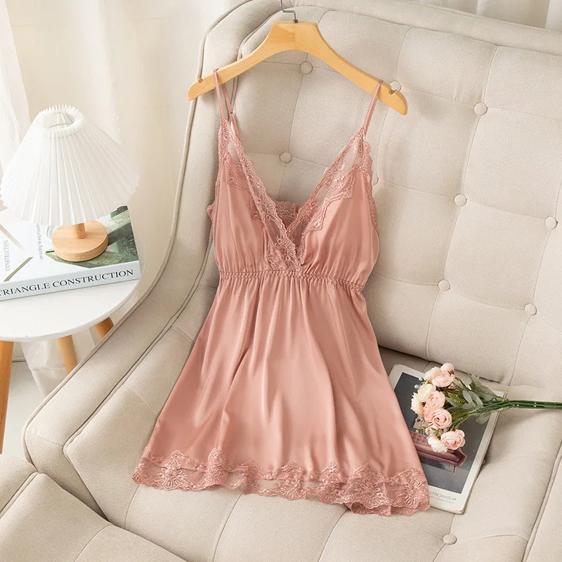 Lady Sexy Strap Nightdress Lace Hollow Out Sleepwear Nighty Gown New Summer Female Nightgown Bathrobe Silky Satin Loungewear