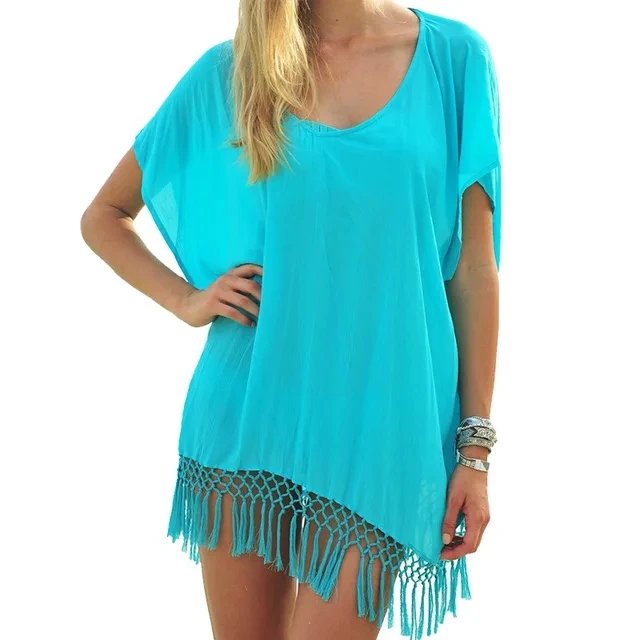 Spring and Summer Solid Tassel Chiffon Loose Women's Beach Sunscreen Shirt Seaside Holiday Clothes Blue