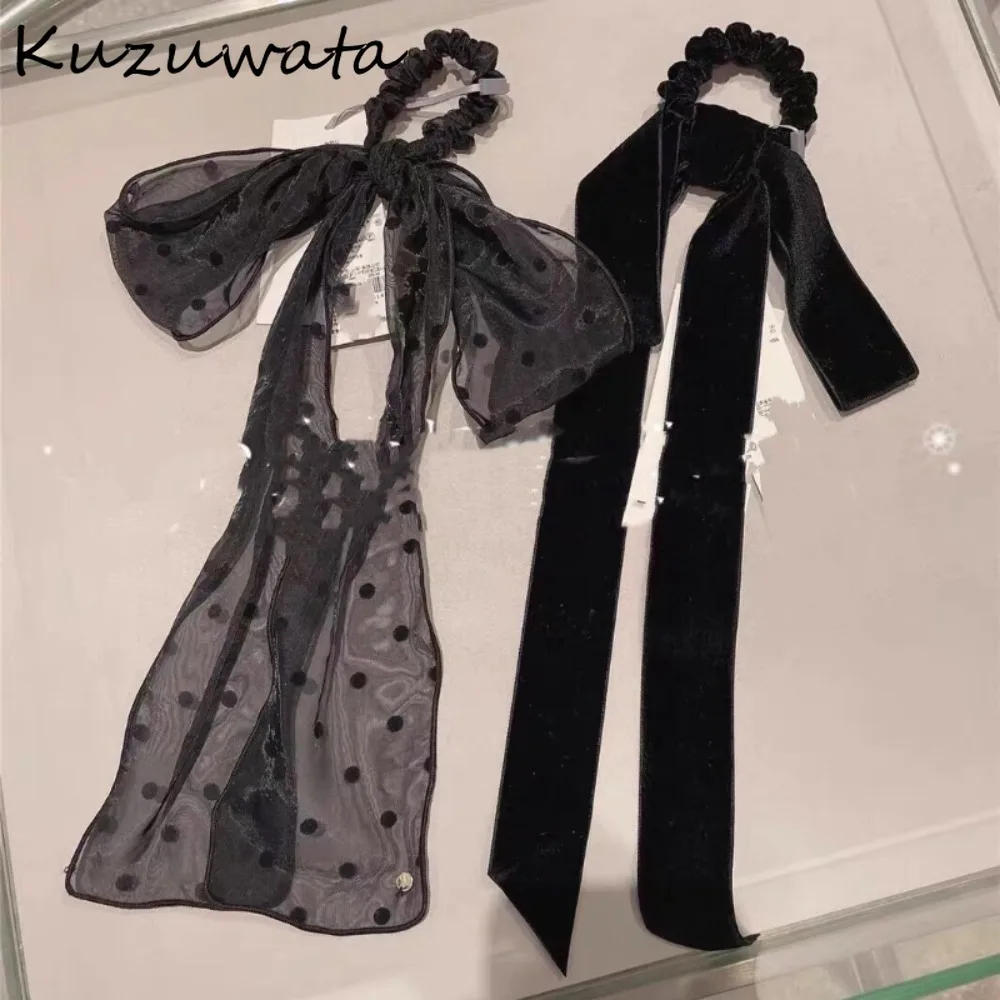 Kuzuwata Sweet Temperament Western Style Hairs Ties Polka Dot Elegant Lace Up Hair Accessories Japan Moda Velvet Bow Headwear