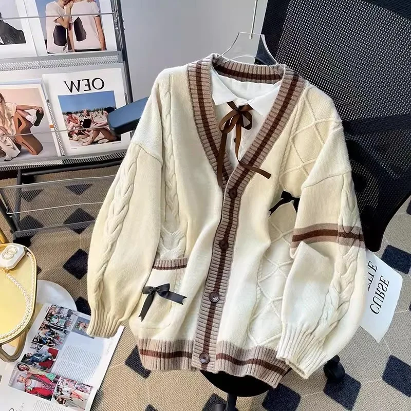 Koreanische Rippen V-ausschnitt Strickjacke Frau Frühling Herbst Adrette Einreiher Pullover für Frauen Mix Farbe Bowknit Mantel Mujer