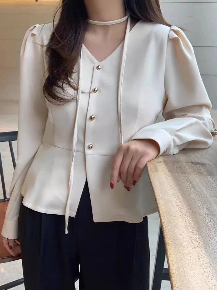 

Slim Fit Metal Button Bubble Sve V Ne irt Women's Faion Spring New Sle Korean Version Office Commute Long Sve Top