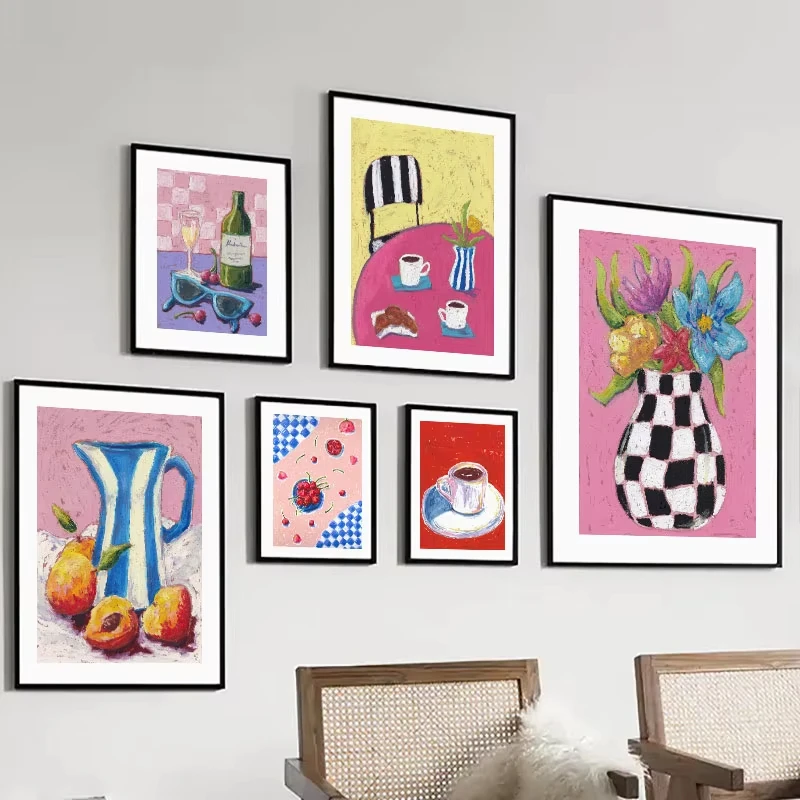Retro Dopamine Lifestyle Poster Abstract frameless canvas art featuring vases, sunglasses, coffee, and fruit living room decor