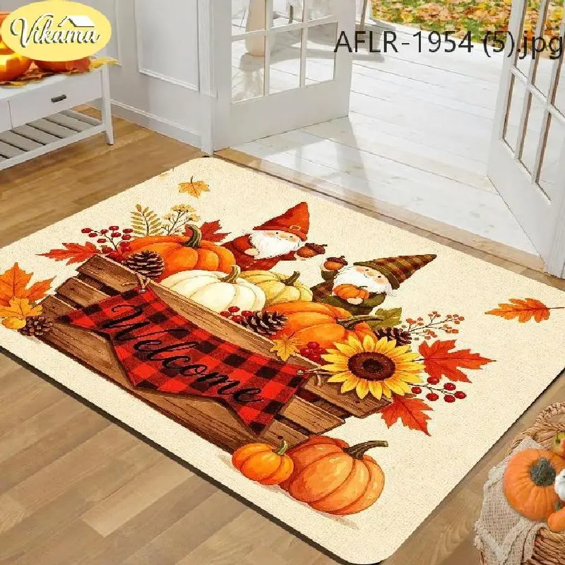 VIKAMA Fall Doormat Wooden Crate Pumpkin Pinecone Sunflower, Two Gnomes Welcome Mat Front Door, Non Slip Rug, Autumn Decor