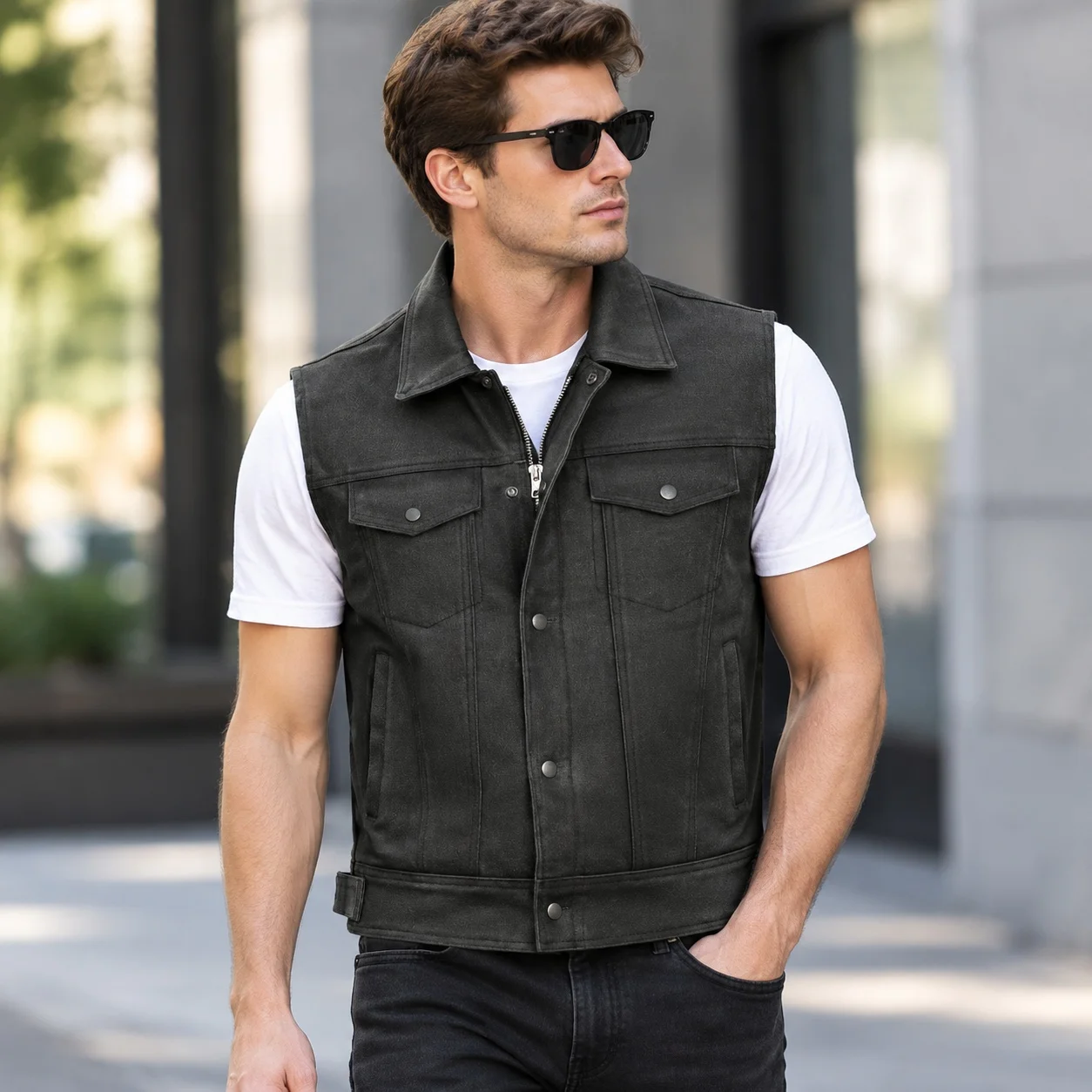 Button Front Zipper Vest Loose Fit Punk with Patchwork Turn Down Collar Pocket Seasonal Vest Formal Event Jacket for Men