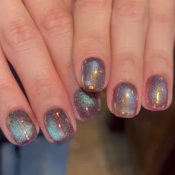 24Pcs polar lights Round Head False Nails Glitter Design Fake Nails Short Press on Nails Full Cover Nail Tips Manicure Tools