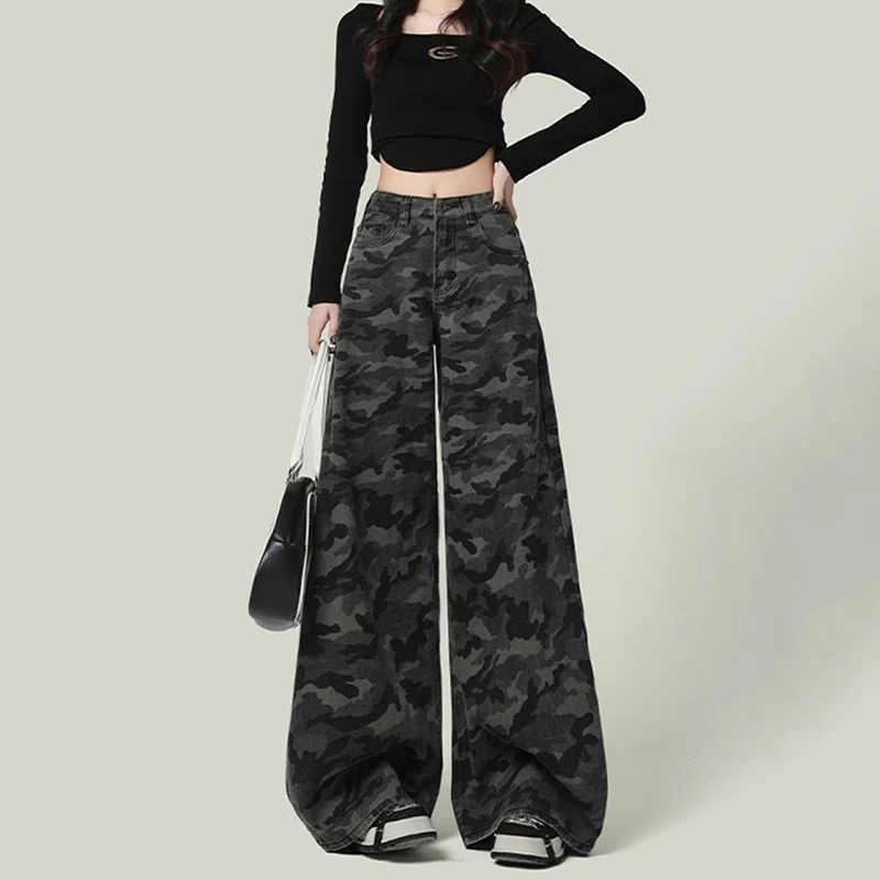 

American Retro Camouflage Wide Leg Jeans Women 2026 Spring High Waist Loose Denim Pants Woman Streetwear Straight Trousers Mujer