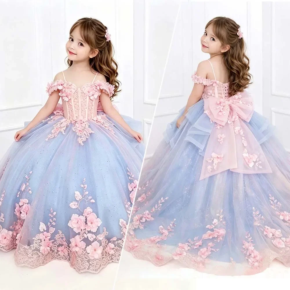 

Custom JDY High Off Shoulder 3D Flower Lace Glitter Tulle Flower Girl Dress Wedding Party Gown Birthday Pageant Dress فساتين اطف