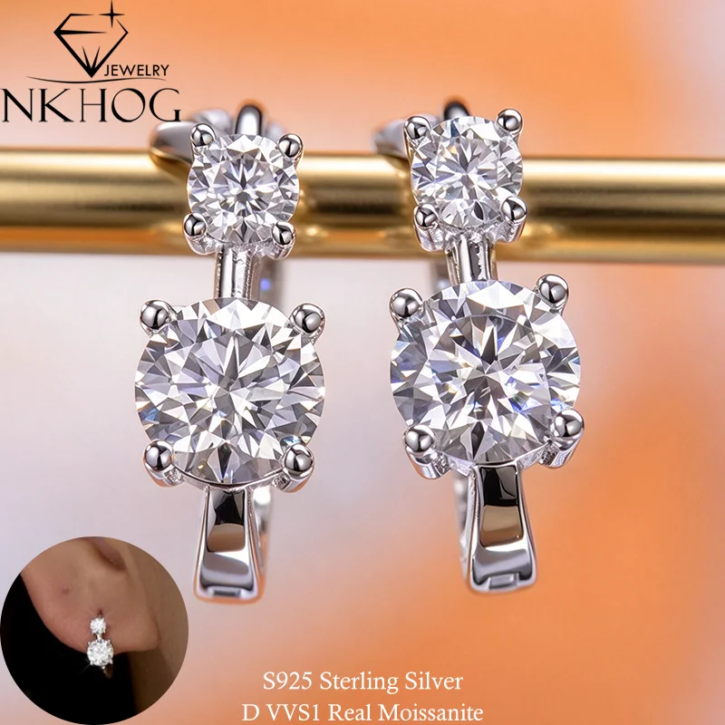 NKHOG 1,2 Karat Moissanit Creolen für Damen S925 Silber Runder Schliff Zweisteinige Huggie-Ohrringe in Gold- und Silberfarbe GRA-zertifiziertes Geschenk