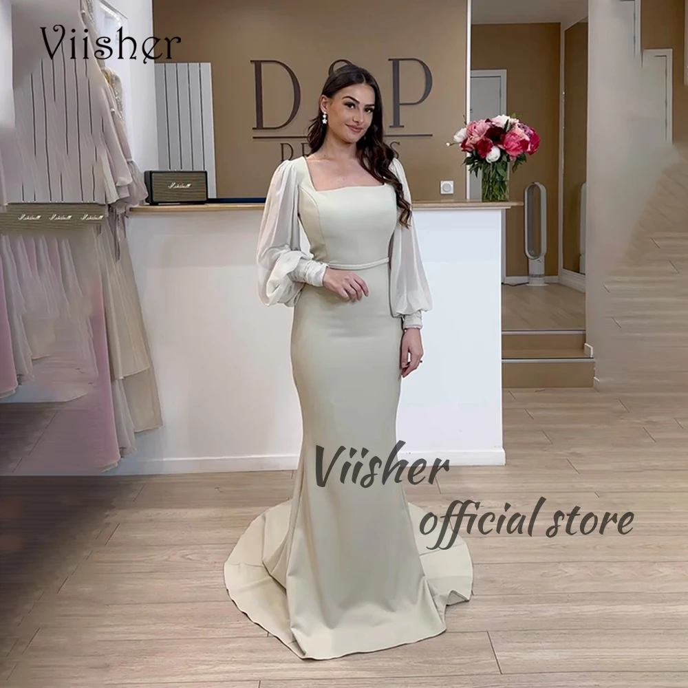 

Viisher Saudi Arabian Mermaid Evening Dresses Long Sleeve Square Neck Formal Occasion Dress with Train Elegant Prom Gowns