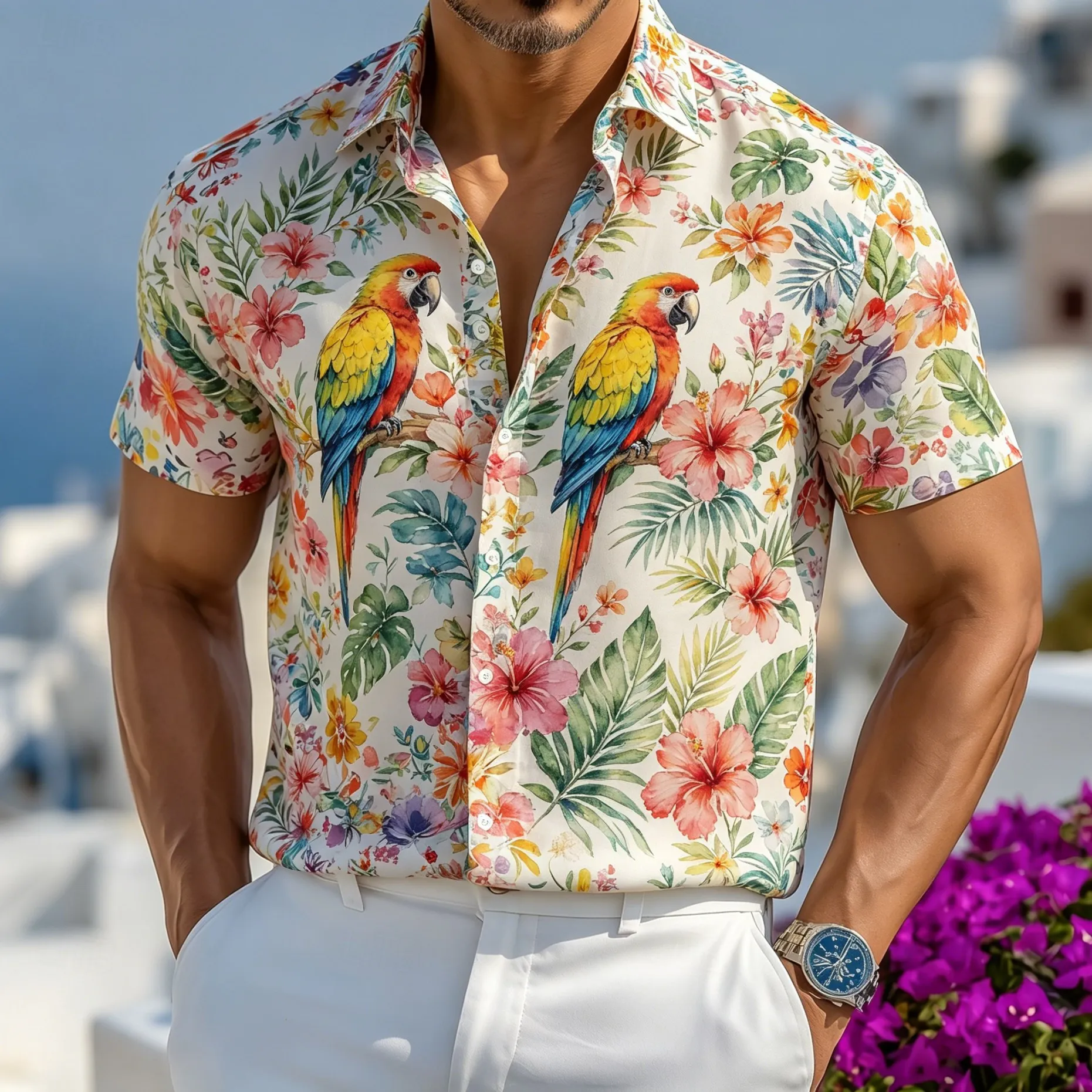 

Men's Short Sleeve Button Shirt, Parrot Tropical Floral Leaf Allover Print, for Spring Summer Beach Daily Vacation Outfits