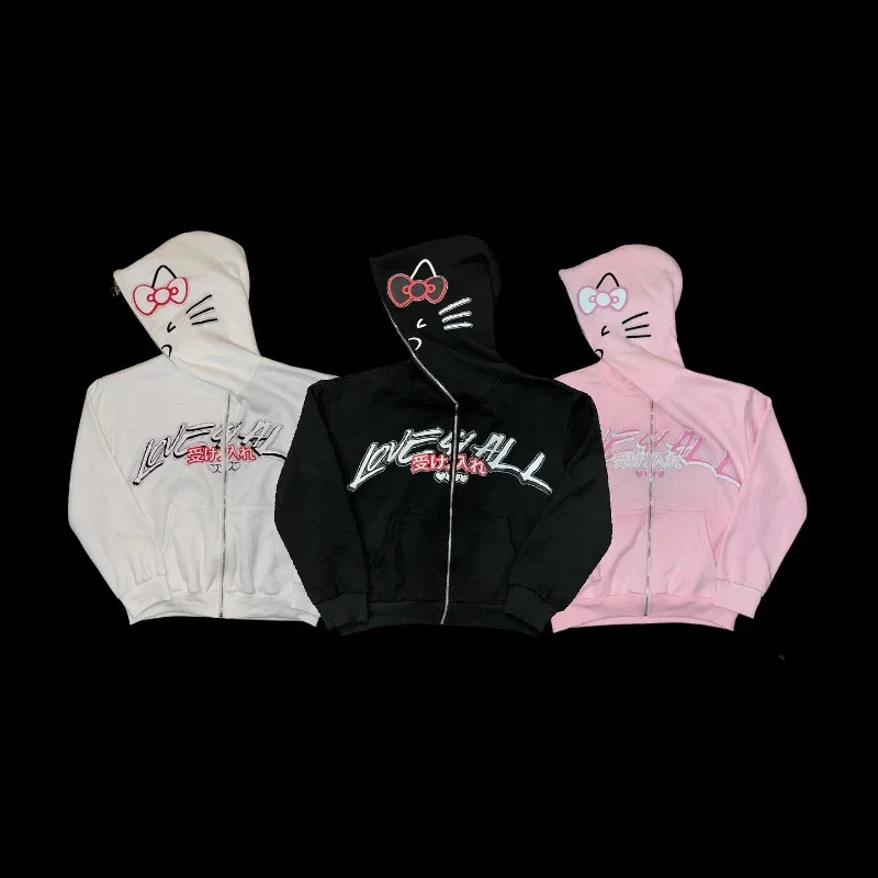 Y2K ジップアップ原宿印刷ラインストーンパターンかわいい特大パーカーカジュアル男性女性トレーナーファッションカジュアルストリート