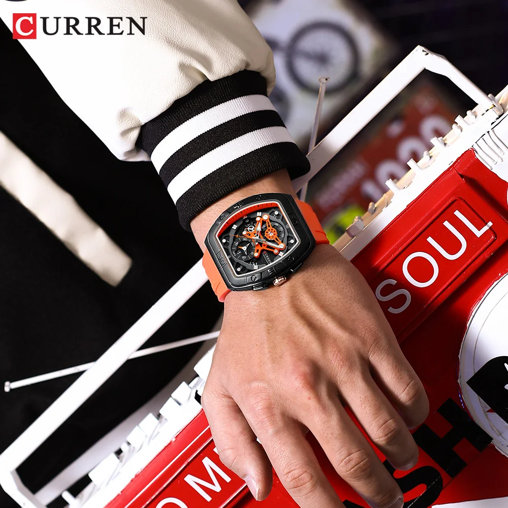 CURREN Casual Sports Multi Function Silicone Straps Luminous Hands Curved Mirror Rectangular Watches