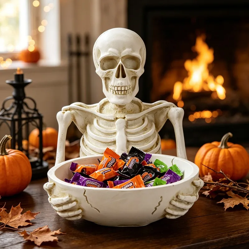 Halloween Ghost Festival Skeleton and Ghost Pot Storage Ornament Skeleton Resin Home Desktop Decoration, Candy and Snack Storage