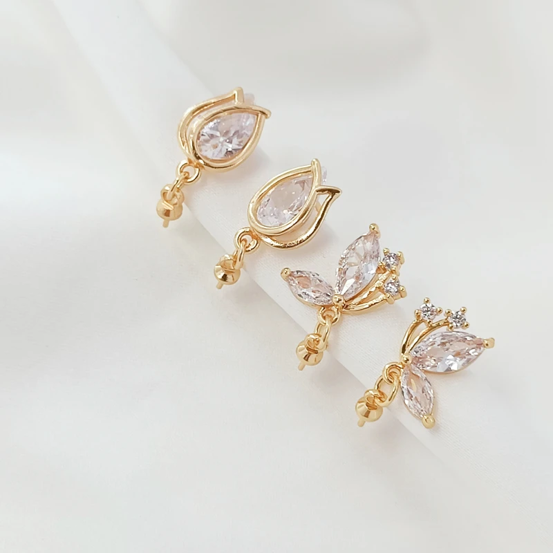 1 Pair Brass Coated Gold Inlaid Zircon Crystal Flower Bud Butterfly with Hanging Ear Needle DIY Jewelry Making Accessory
