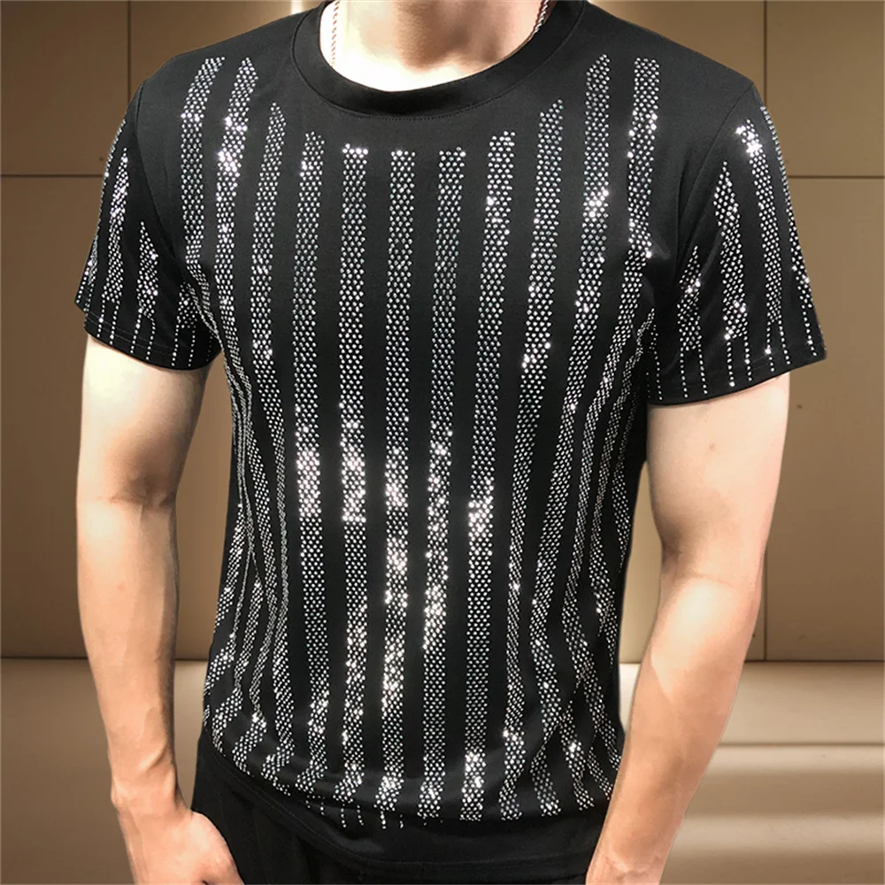 

High Quality Designer Clothing Silver Hot Diamond T-shirt Short Sleeve T-shirt Black Rhinestone Stripe Round Neck Tshirt For Men