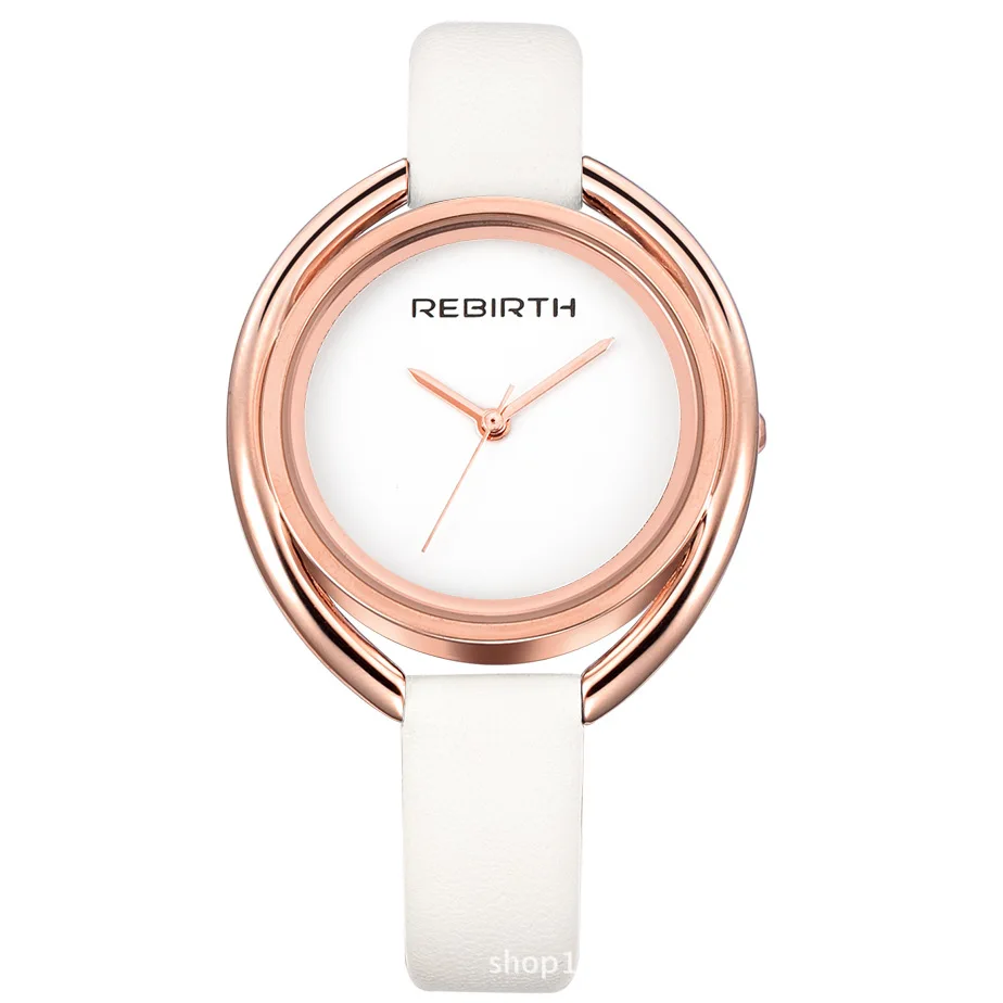 ساعة كوارتز نسائية من REBIRTH 028 عصرية وبسيطة بحزام جلدي باللونين الأبيض والأسود كهدية عيد ميلاد للسيدات