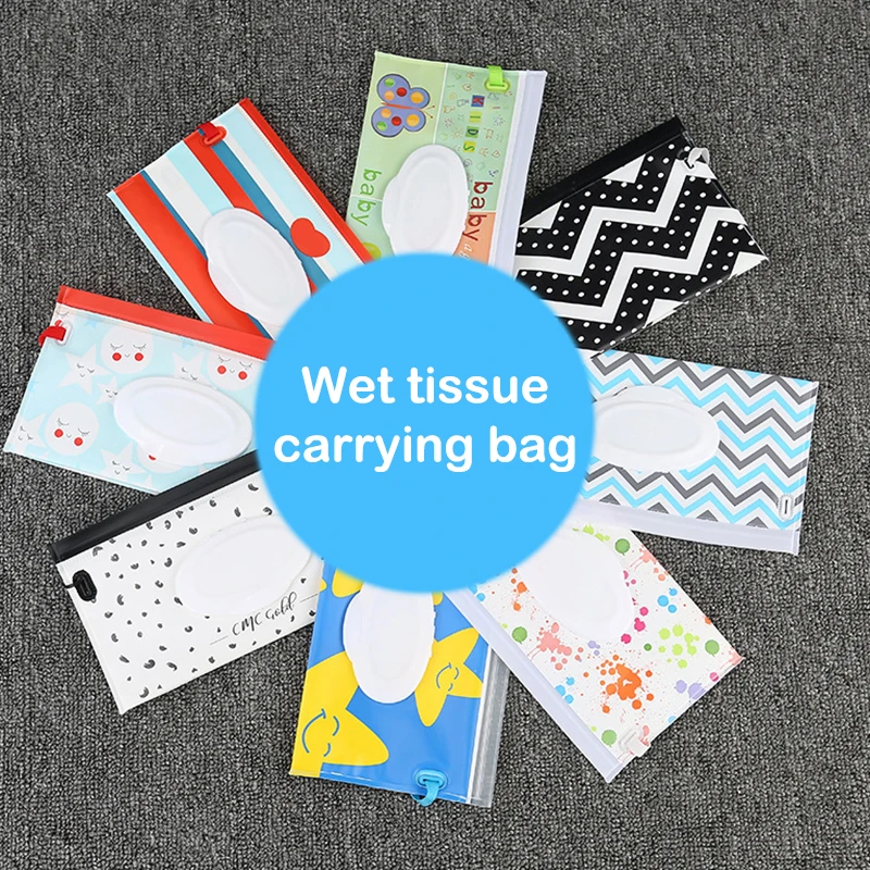 Light Weight Portable Cartoon Baby Kids Wet Wipes Clutch Carrying Bag Wet Paper Tissue Container Dispenser Snap-strap Pouch