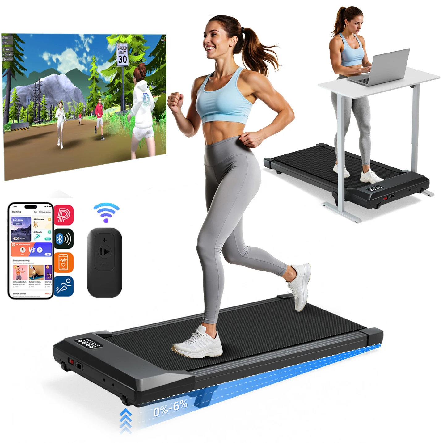 Opvouwbare 6% Helling Onder Bureau Loopbanden 2,5 PK Stille Wandelpad Draagbare Afstandsbediening LED Display 300LBS Oefening Wandelpad