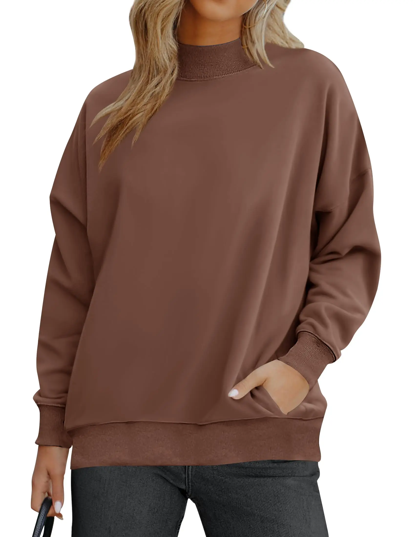 Autumn Winter Women Casual Solid Color Long Sleeve Standing Collar Loose Pullover With Pocket Sweatshirt Tops