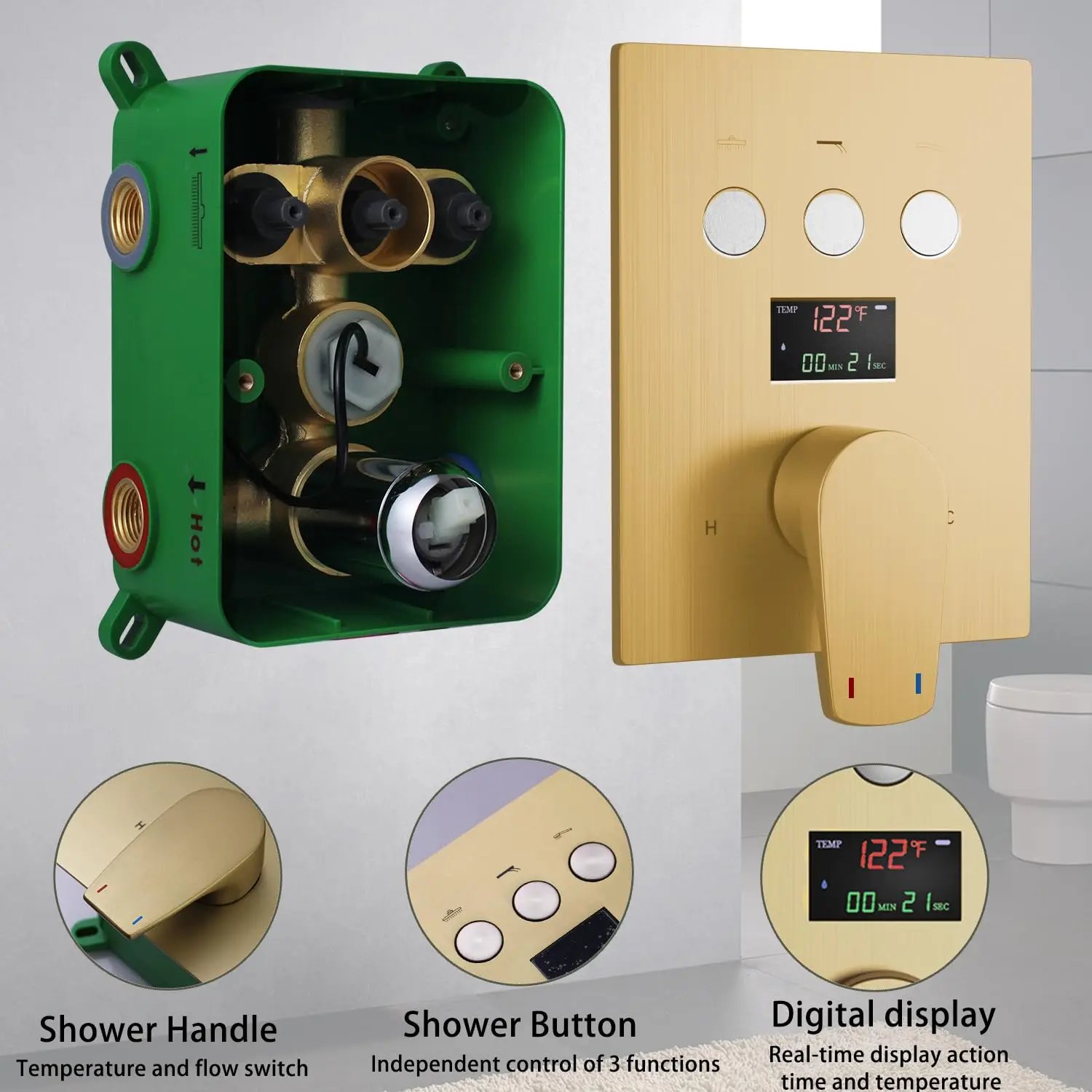 Modern Brushed Brass Bathroom Rainfall Shower Faucet Set with Rectangle Shower Head Wall Mount Installation