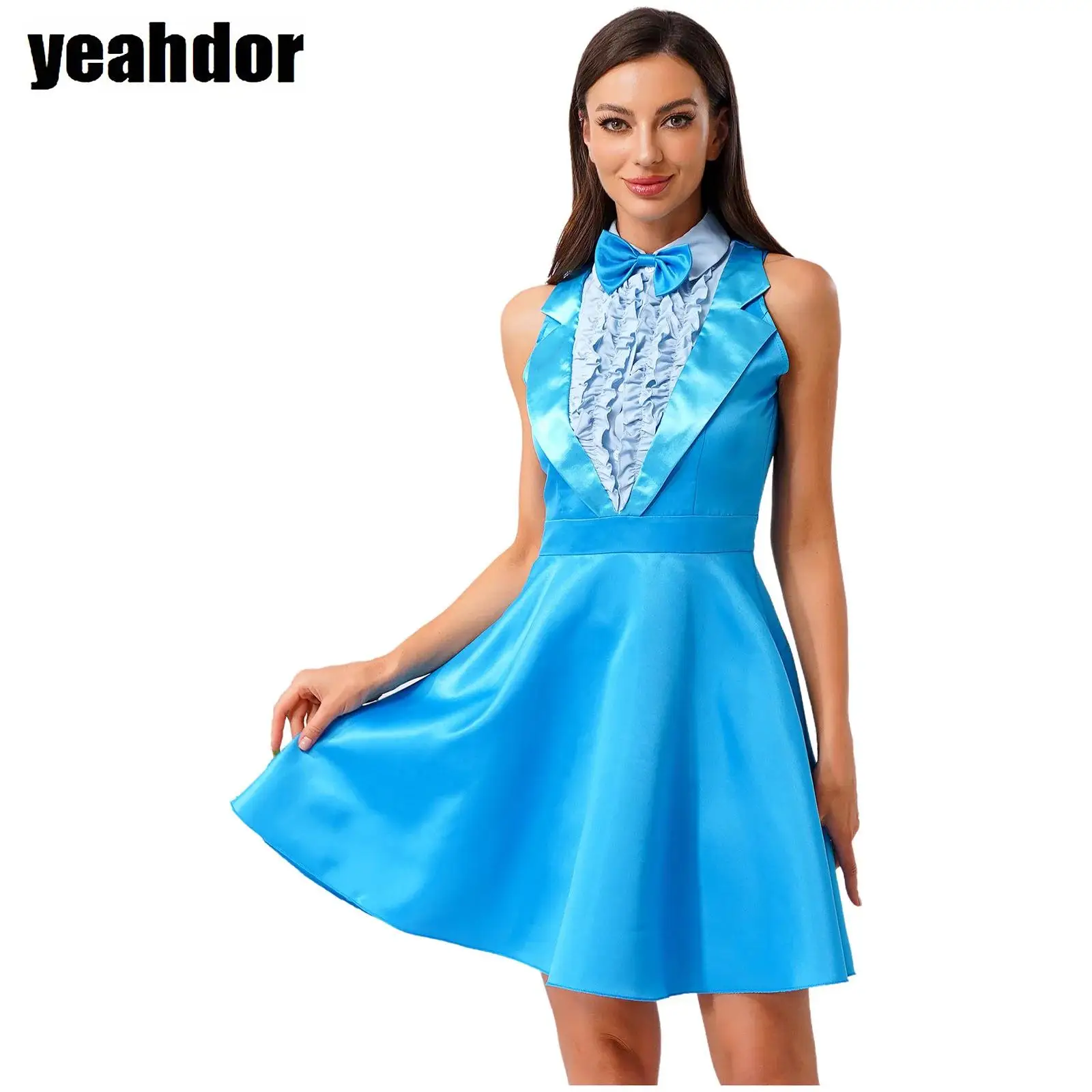 

Women Halloween 70s 80s Dumber Cosplay Dress Bowtie Lapel Sleeveless Ruffled A-line Dress for Raves Party Cosplay Maid Costumes