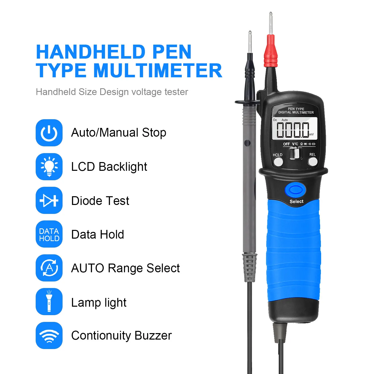 

HOLDPEAK HP-38B Voltage Tester Pen Type Digital Multimeter 2000 Counts for Measuring Voltmeter Resistance Diode Tester with Data